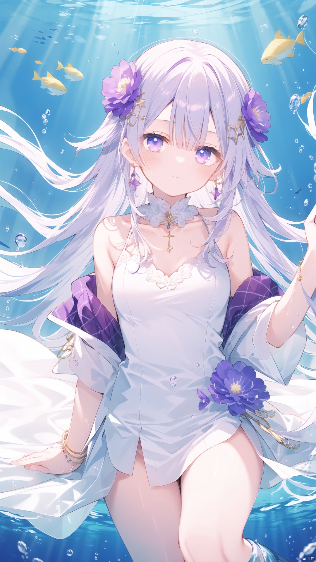  1 girl,(Purple light effect),hair ornament,jewelry,looking at viewer,flower,floating hair,water,underwater,air bubble,submerged

, forehead mark