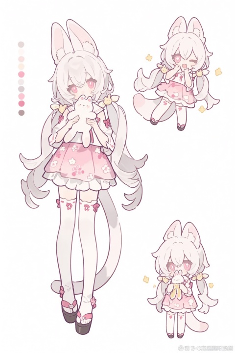 1girl,;d,animal ear fluff,animal ears,blunt bangs,bow,bright pupils,cat ears,cat girl,cat tail,chibi,chibi inset,color guide,cross-shaped pupils,detached sleeves,fox shadow puppet,frilled skirt,frilled thighhighs,frills,full body,hair bow,hair flaps,hair ribbon,hands up,holding,holding stuffed toy,knees together feet apart,layered skirt,long hair,looking at viewer,low twintails,multiple views,okobo,one eye closed,open mouth,pink eyes,pink skirt,platform footwear,platform sandals,ribbon,sandals,shirt,simple background,skirt,smile,sparkle,standing,stuffed animal,stuffed rabbit,stuffed toy,symbol-shaped pupils,tail,thighhighs,twintails,white background,white hair,white pupils,white shirt,white skirt,white thighhighs,yellow bow