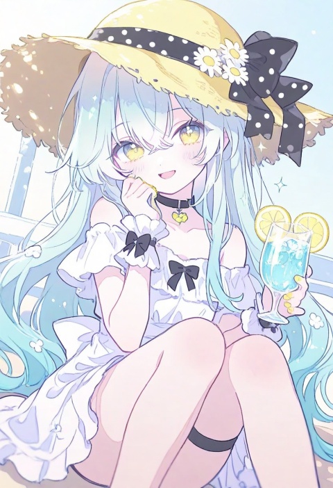 very aware,newest,loli,petite,chromatic aberration,cinematic angle,dutch angle,blurry foreground,//,1girl,lemon,lemon slice,hat,ice cube,food,fruit,dress,solo,holding,bow,polka dot bow,straw hat,flower,polka dot,ice,white flower,looking at viewer,off shoulder,long hair,wrist cuffs,hat bow,cup,holding cup,frills,smile,off-shoulder dress,sitting,hair between eyes,knees up,yellow eyes,white dress,yellow nails,choker,bare shoulders,open mouth,feet out of frame,thigh strap,frilled dress,green eyes,hat flower,black bow,holding drink,multicolored eyes,:d,drink,water,blush,very long hair,sun hat,heart,black choker,daisy,crossed bangs,collarbone,aqua hair,nail polish,yellow headwear,heart choker,drinking glass,gradient eyes,hair bow,white bow,holding food,frilled cuffs //,photorealistic,himitsu (hi mi tsu 2),//,sparkle,sparkling aura,pastel colors
