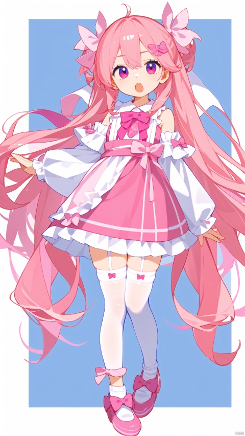  1girl, absurdres, apron, asymmetrical legwear, bow, detached sleeves, dress, food, highres, holding, ice cream, long hair, long sleeves, looking at viewer, open mouth, original, pink bow, pink dress, pink eyes, pink footwear, pink hair, pink socks, simple background, sleeves past fingers, sleeves past wrists, socks, solo, standing, thighhighs, uneven legwear, white background, white thighhighs
