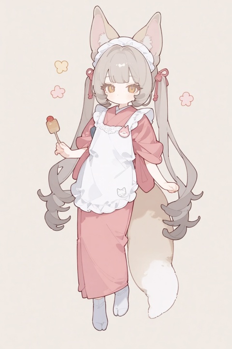 1girl,animal ears,apron,arms up,brown background,brown hair,extra ears,fox ears,fox girl,fox tail,full body,grey hair,japanese clothes,japari symbol,jumping,kimono,long hair,looking at viewer,ribbon,simple background,socks,solo,tabi,tail,twintails