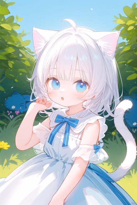 1girl,loli,catgirl,white hair,blue eyes,cat ears,cat tail,white dress