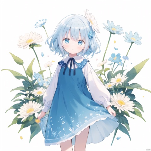 ((artist:nano))blue theme,Tie dyeing,A girl holding a dandelion flower, wearing a blue dress with white dots and yellow flowers on it, blowing away small petals in the style of light skyblue and pale aquamarine illustrations, a simple line drawing reminiscent of children's book illustrations and storybook art, with colorful cartooning and playful character design