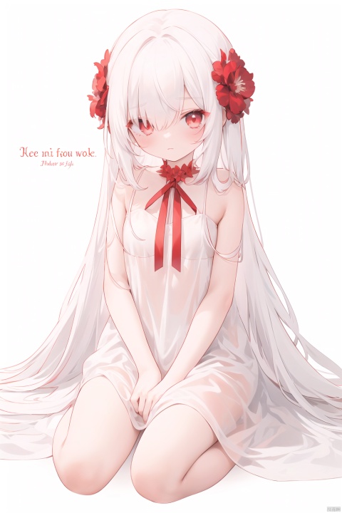 1girl, loli, red eyes, white long translucent night gown, expressionless, (white hair), hair cover one eye, long hair, red hair flower, blood, (white background:1.5), (English text), sit on the ground,