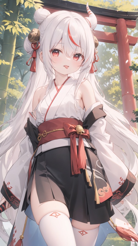  1girl, nakiri ayame, virtual youtuber, solo, best quality, looking at viewer, holding sword, oni horns, tongue out, red eyes, hair between eyes, long hair, white hair, streaked hair, silver hair, hair bell, bangs, double bun, oni mask, white thighhighs, mask on head, kimono, white legwear, off shoulder, katana, bamboo forest, tree, grass, torii, outdoors, sheathed, bush, sky