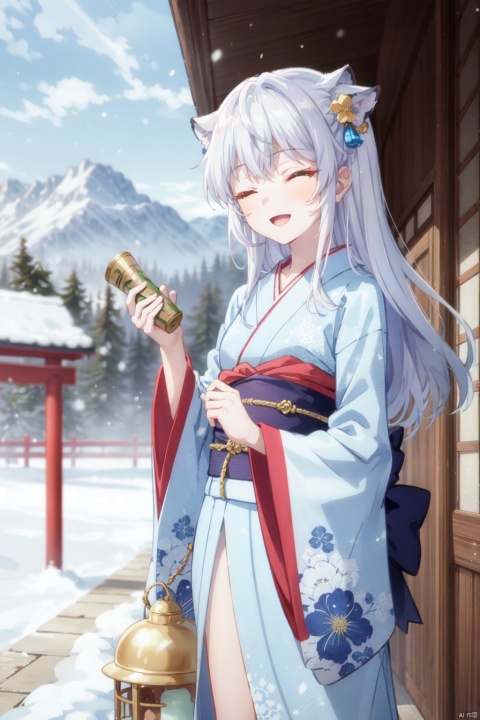  1girl, solo, best quality, detailed, looking at viewer, holding, smile, blush, open mouth, blue eyes, one eye closed, black hair, long hair, streaked hair, grey hair, white hair, bangs, hair ornament, gloves, kimono, white tiger, year of the tiger, torii, hagoita, animal, outdoors, bare tree, new year, flower, bell, snowing, winter, branch, forest, footprints, mountain, snowman, pine tree, snowball, bamboo, grey sky, ice, stone lantern, year of the ox, wolf