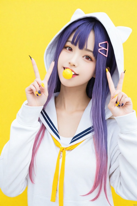  1girl, solo, best quality, yellow background, upper body, looking at viewer, holding, smile, mouth hold, food in mouth, teeth, red eyes, long hair, purple hair, multicolored hair, bangs, hairclip, white shirt, hooded jacket, open jacket, hoodie, hood up, long sleeves, sleeves past wrists, sailor collar, orange nails, nail polish, yellow nails, blue nails, multicolored nails, purple nails, green nails, black nails, pink nails, aqua nails, long fingernails, lollipop, arm up, cellphone, double v
