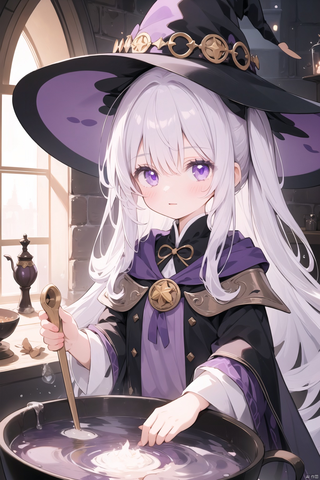 1girl, white hair, purple eyes, witch hat, brewing potion, magic circle, bubbling cauldron, musty dungeon, extremely detailed


