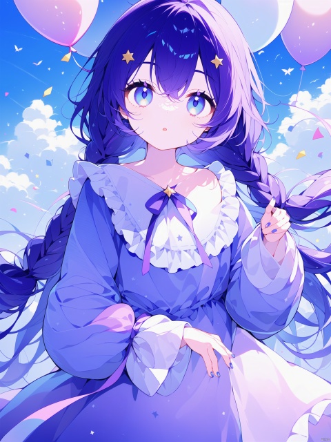 1girl, balloon, blue eyes, hair ornament, star \(symbol\), holding, long hair, star hair ornament, yellow nails, solo, dress, long sleeves, looking at viewer, bangs, eyebrows visible through hair, nail polish, sky, holding balloon, puffy sleeves, twin braids, puffy long sleeves, ribbon, braid, hair between eyes, twintails, upper body, cloud, blue sky, day, open mouth, outdoors, purple hair, parted lips, purple dress, collarbone, sailor collar, confetti, :o, hairclip, neck ribbon