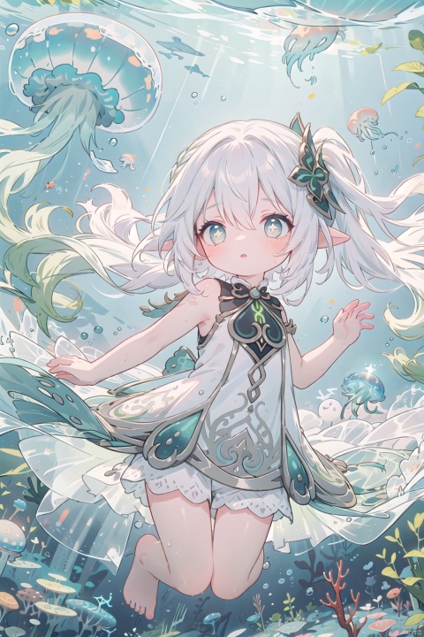 (girl with jellyfish motif:1.3), (flowing translucent dress:1.2), (luminous glow:1.3), (long wavy hair resembling tentacles:1.2), (delicate and graceful movements:1.3), (underwater ambiance:1.2), (floating effortlessly:1.2), (soft pastel colors:1.1), (ethereal beauty:1.3), (surrounded by small jellyfish:1.2), (gentle expression:1.1), (reflective eyes like deep sea:1.2), (barefoot with delicate feet:1.0), (ambient bubbles around:1.1), (mysterious aura:1.2), nsfw
, nahida