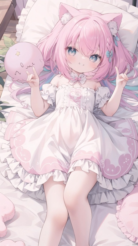 1girl, solo, best quality, whimsical candy-colored dreamscape, lounging on cotton candy cloud, playful grin, legs kicking, short curly pastel rainbow hair, sparkling eyes, frilly lace dress, carefree, whimsical

, fox shadow puppet, loli