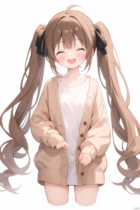 1girl, solo,light brown hair, twintails, blush, smile, shirt, white shirt, long shirt, ^ ^, brown cardigan, cardigan, closed eyes, collarbone, cropped legs, long sleeves, sleeves past fingers, sleeves past wrists, upper teeth only, teeth, white background