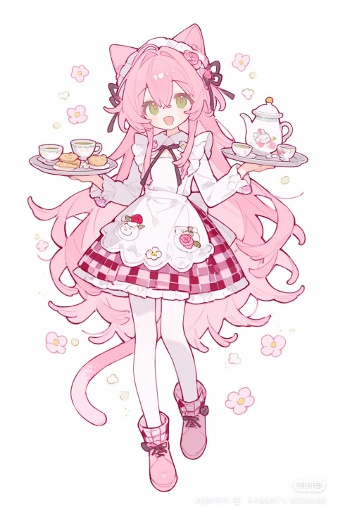 moco_(fushigi_na_neko_no_machi_meltier),1girl,:d,animal_ear_fluff,animal_ears,argyle_clothes,argyle_pantyhose,blush,boots,candy_wrapper,cat_ears,cat_girl,cat_tail,center_frills,checkerboard_cookie,collared_shirt,cookie,cup,dress_shirt,flower,food,frilled_boots,frilled_skirt,frilled_umbrella,frills,full_body,green_eyes,holding,holding_umbrella,long_hair,long_sleeves,looking_at_viewer,macaron,pantyhose,pink_boots,pink_flower,pink_hair,pink_rose,pink_umbrella,plaid_clothes,plaid_skirt,pleated_skirt,puffy_long_sleeves,puffy_sleeves,red_flower,red_rose,rose,saucer,shirt,skirt,smile,solo,tail,teapot,umbrella,very_long_hair,white_background,white_flower,white_pantyhose,white_shirt,absurdres,commentary_request,highres,marker_(medium),traditional_media