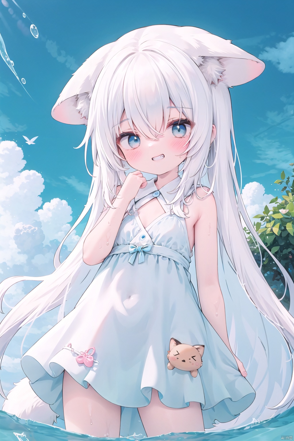 1girl, solo, long hair, animal ears, smile, animal ear fluff, dress, grin, looking at viewer, very long hair, bangs, sky, water, sleeveless, hair between eyes, blue eyes, white dress, day, tail, blue sky, white hair, sleeveless dress, blush, outdoors, fox ears, cloud, ears down