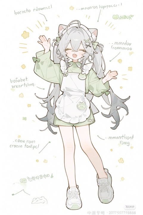1girl,:d,animal ear fluff,animal ears,apron,arm up,blush,bow,breasts,cat ears,cat girl,crossed bangs,dot nose,fang,full body,green bow,green shirt,green shorts,grey hair,hair between eyes,hair bow,hair ornament,hand up,long hair,long sleeves,medium breasts,open mouth,shirt,shoes,shorts,skin fang,smile,sneakers,solo,twintails,white apron,white shirt,x hair ornament,absurdres,commentary,dated commentary,highres,wide shot