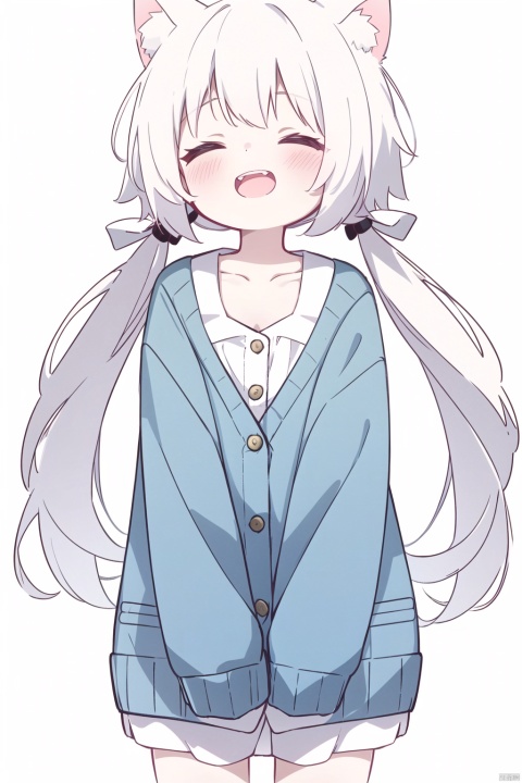  30710, 1girl, catgirl,solo,white hair, twintails, blush, smile, shirt, white shirt, long shirt, ^ ^, blight blue cardigan, cardigan, closed eyes, collarbone, cropped legs, long sleeves, sleeves past fingers, sleeves past wrists, upper teeth only, teeth, white background