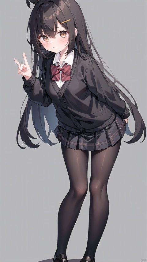  1girl, solo, pantyhose, skirt, long hair, loafers, shoes, simple background, school uniform, brown eyes, plaid, black pantyhose, plaid skirt, looking at viewer, black hair, pantyhose pull, full body, clothes pull, black footwear, pleated skirt, leaning forward, bangs, long sleeves, bent over, cardigan, bow, bowtie, standing, closed mouth, pulled by self, grey background, blush, miniskirt, red bow, sweater, undressing, backlight, panties under pantyhose, fox shadow puppet