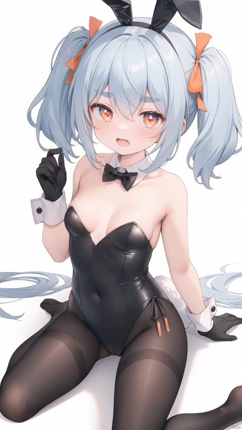  1girl, usada pekora, virtual youtuber, solo, best quality, simple background, white background, looking at viewer, blush, rabbit ears, rabbit tail, animal ear fluff, open mouth, fake animal ears, fake tail, orange eyes, thick eyebrows, bunny-shaped pupils, short eyebrows, blue hair, short hair, carrot hair ornament, official alternate hair length, alternate hairstyle, white hair, two side up, hair ribbon, bangs, small breasts, black gloves, black leotard, black pantyhose, strapless leotard, fur-trimmed gloves, side-tie leotard, detached collar, bowtie, bare shoulders, playboy bunny, wariza, rabbit girl, gradient