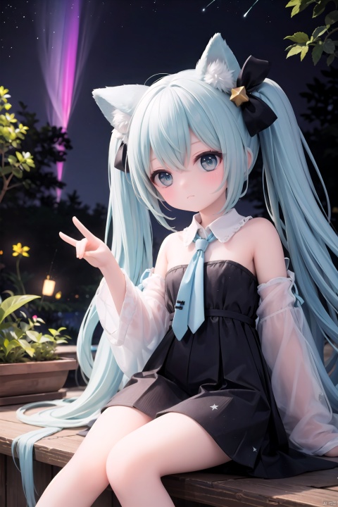  fox shadow puppet, 1girl, aerial_fireworks, aqua_hair, aurora, bamboo, bare_tree, christmas_tree, city_lights, closed_eyes, constellation, crescent_moon, dress, earrings, earth_\(planet\), fireflies, galaxy, hatsune_miku, in_tree, jewelry, leaf, long_hair, milky_way, moon, nature, night, night_sky, outdoors, pine_tree, planet, plant, shooting_star, sitting, sitting_in_tree, sky, solo, space, star_\(sky\), star_\(symbol\), starry_background, starry_sky, starry_sky_print, tanabata, tanzaku, telescope, tree, twilight, twintails, very_long_hair, vines,