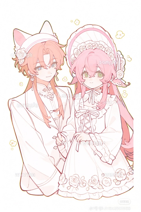 xia mingxing,1boy,1girl,animal ears,assertive female,blue eyes,blush,bonnet,border,bow,butterfly earrings,cat ears,cat girl,chinese clothes,closed mouth,curtained hair,dress,earrings,flat color,floral print,flower,frilled bonnet,frilled sleeves,frills,green eyes,hair between eyes,hand on another's shoulder,hat,hat flower,heterochromia,jewelry,layered sleeves,lolita fashion,long hair,long sleeves,looking at another,looking at viewer,necklace,necklace pull,oc x canon,orange hair,outside border,parted bangs,pearl necklace,pink eyes,pink flower,pink hair,pink ribbon,pink rose,pink shirt,qi lolita,ribbon,rose,rose print,sample watermark,shirt,short hair,sideways glance,smile,upper body,vest,white bonnet,white border,white bow,white dress,white flower,white rose,white vest,wide sleeves,commission,highres,wide shot