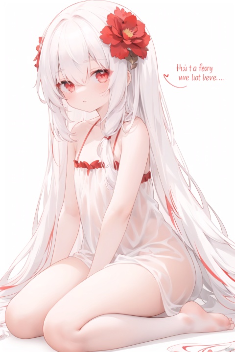1girl, loli, red eyes, white long translucent night gown, expressionless, (white hair), hair cover one eye, long hair, red hair flower, blood, (white background:1.5), (English text), sit on the ground,