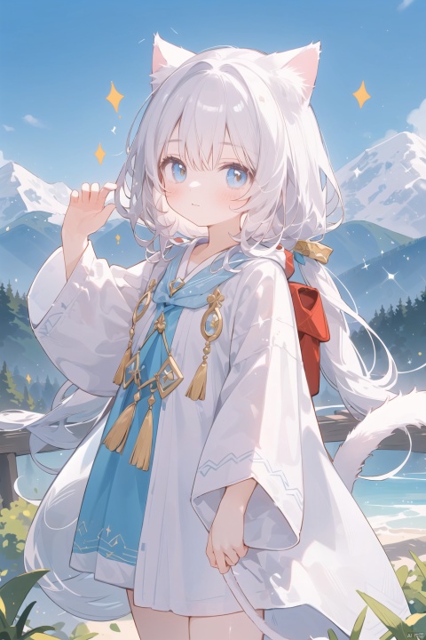  (a magical cat girl in wizard attire amidst majestic mountains:1.2), a breathtaking scene unfolds as a white-haired cat girl, adorned in a mesmerizing wizard's outfit, finds herself amidst towering mountains, (a mystical realm of nature's beauty:1.2), where the mountains stand tall and proud, veiled in an aura of enchantment and wonder, (elegant robes blending with the landscape:1.1), her flowing wizard robes harmonizing with the earthy tones of the mountains, (whimsical cat ears and tail contrasting with the grandeur:1.1), her playful feline features adding a touch of charm to the majestic scenery, (sparkling magical artifacts resonating with nature:1.1), her staff emitting a soft glow that resonates with the energy of the mountains, (wise and serene expression amidst the grandeur:1.1), her eyes reflecting a deep connection with the natural world, (dynamic pose embracing the mountain's power:1.1), capturing the cat girl's grace and harmony as she harnesses the magic of the mountains, inviting viewers to embark on a mystical journey through nature's realm, creating a moment of awe and reverence., 372089