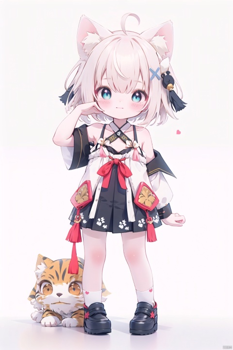  30710, petite, loli, solo, animal ears, heart, puffy short sleeves, grey hair, long hair, off shoulder, bangs, hair ornament, gradient background,rainbow gradient, x hair ornament, animal ear fluff, looking at viewer, very long hair, blush, smile, cat ears, bare shoulders, collarbone, hand up, gradient sweater, hair between eyes, symbol-shaped pupils, arm up, heart-shaped pupils, hairclip, medium breasts, salute, bare legs,full body,blue_eye,((ahoge)), (\shi shi ru yi\)