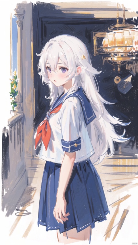 clara (honkai: star rail), 1girl, solo, blush, shirt, black sailor collar, commentary, deyui, english commentary, from side, hair between eyes, highres, honkai: star rail, honkai (series), long hair, looking at viewer, looking to the side, neckerchief, parted lips, purple eyes, red neckerchief, sailor collar, school uniform, serafuku, upper body, very long hair, white hair, white shirt
, labi