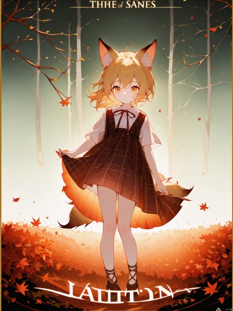 1girl, solo, looking at viewer, sitting, fox ears, full body, strappy heels,plaid shirt, short sleeves,jacket, bow, bangs, low ponytail, blonde hair fox tail, fox girl, kitsune, ((autumn, outdoors, day, forest, falling leaves, bird, leaf)), (fog, dyntall effect), (wide shot, panorama, full body, depth of field),(movie poster,english text),(Flagstone road,branches)
