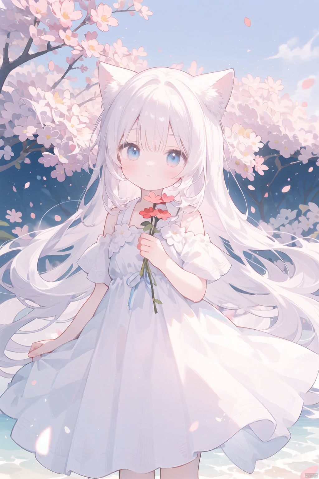  The image features a beautiful anime girl dressed in a flowing white and red dress, standing amidst a flurry of red cherry blossoms. The contrast between her white dress and the red flowers creates a striking visual effect. The lighting in the image is well-balanced, casting a warm glow on the girl and the surrounding flowers. The colors are vibrant and vivid, with the red cherry blossoms standing out against the white sky. The overall style of the image is dreamy and romantic, perfect for a piece of anime artwork. The quality of the image is excellent, with clear details and sharp focus. The girl's dress and the flowers are well-defined, and the background is evenly lit, without any harsh shadows or glare. From a technical standpoint, the image is well-composed, with the girl standing in the center of the frame, surrounded by the blossoms. The use of negative space in the background helps to draw the viewer's attention to the girl and the flowers. The cherry blossoms, often associated with transience and beauty, further reinforce this theme. The girl, lost in her thoughts, seems to be contemplating the fleeting nature of beauty and the passage of time. Overall, this is an impressive image that showcases the photographer's skill in capturing the essence of a scene, as well as their ability to create a compelling narrative through their art.catgirl,loli,catgirl,white hair,blue eyes,
