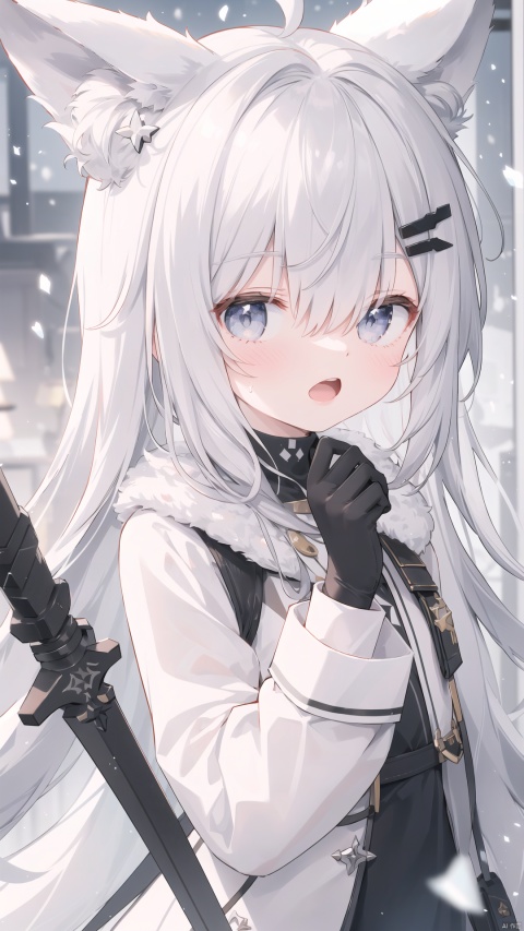  1girl, lappland \(arknights\), solo, best quality, blurry background, upper body, looking at viewer, animal ear fluff, ear ornament, rabbit ears, open mouth, grey eyes, hair over one eye, long hair, grey hair, white hair, silver hair, hairclip, bangs, scar on nose, blood on face, blood on clothes, black gloves, white coat, sword, snowing, blurry foreground, depth of field, motion blur
