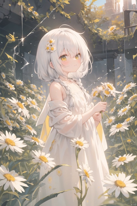 yellow theme,the setting sun,(((Chamomile))),Chamomile,cornflower,vines,forest,ruins,lens flare,hdr,Tyndall effect,damp,wet,1girl,bare shoulders,broken glass,broken wall,white hair,white dress,closed mouth,constel lation,flat color,braid,blinking,white robe,float,closed mouth,constel lation,flat color,looking up,standing,medium hair,standing,solo, 30710