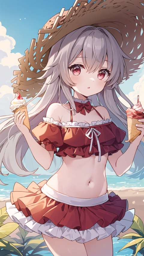  clara (honkai: star rail), 1girl, solo, breasts, bare shoulders, bikini, brown headwear, cleavage, commentary, day, detached sleeves, food, frilled bikini, frills, grey hair, hair between eyes, hat, holding, holding food, honkai: star rail, honkai (series), ice cream, long hair, outdoors, parted lips, plant, puffy short sleeves, puffy sleeves, red bikini, red eyes, red sleeves, shirogane hina, short sleeves, small breasts, strapless, strapless bikini, straw hat, swimsuit, symbol-only commentary, very long hair
