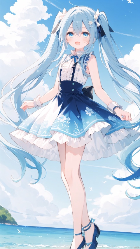  1girl, hatsune miku, solo, best quality, looking at viewer, open mouth, blue eyes, hair between eyes, very long hair, floating hair, blue hair, twintails, bangs, skirt, dress, sleeveless, blue ribbon, frills, sheet music, cloud, piano, wrist cuffs, sky, traditional media