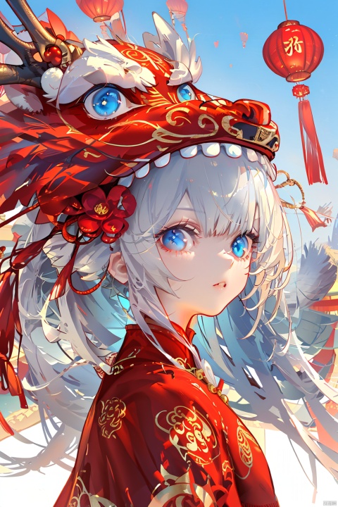 tian qi girl, nai3,1girl,white hair,blue eyes,hair flowers,chinese clothes, eastern dragon,chinese new year,lantern,