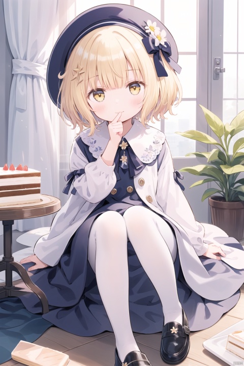 (masterpiece), (best quality), illustration, ultra detailed, hdr, Depth of field, (colorful), petite,loli,1girl, solo, dress, hat, yellow eyes, short hair, food, blonde hair, finger to mouth, flower, looking at viewer, ribbon, cake, shoes, sitting, white pantyhose