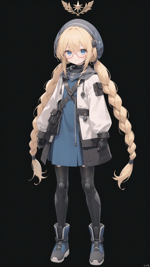  alchemy stars, solo, best quality, detailed, black background, simple background, transparent background, full body, standing, blue eyes, glasses, round eyewear, blonde hair, very long hair, twin braids, twintails, single braid, boots, dress, grey footwear, fingerless gloves, robot, mechanical arms, pouch, goggles on headwear