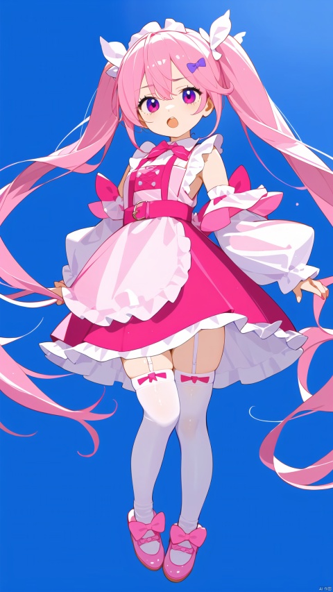  1girl, absurdres, apron, asymmetrical legwear, bow, detached sleeves, dress, food, highres, holding, ice cream, long hair, long sleeves, looking at viewer, open mouth, original, pink bow, pink dress, pink eyes, pink footwear, pink hair, pink socks, simple background, sleeves past fingers, sleeves past wrists, socks, solo, standing, thighhighs, uneven legwear, white background, white thighhighs
