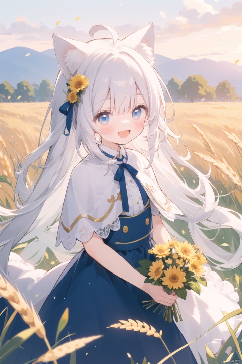 (drawn by Lynn Okamoto),center frame, sharp focus, (panorama, wide shot), best quality, masterpiece, extremely detailed, detailed background, (from above:1.2), 1girl, catgirl,solo,loli,blue eyes,white hair, closed one eye, smile, open mouth, skirt, long hair, wavy hair, on side, fluffy hair, , french , blush, smile, capelet, lace trim, bodice, sunset, long dress, dusk, scenery, gold sky, high place, horizon, wheat field, wheat ears, wind, wind blow, looking at viewer, (depth of field), bokeh, (holding a flower:1.3), (holding:1.2),(medium):0.5,