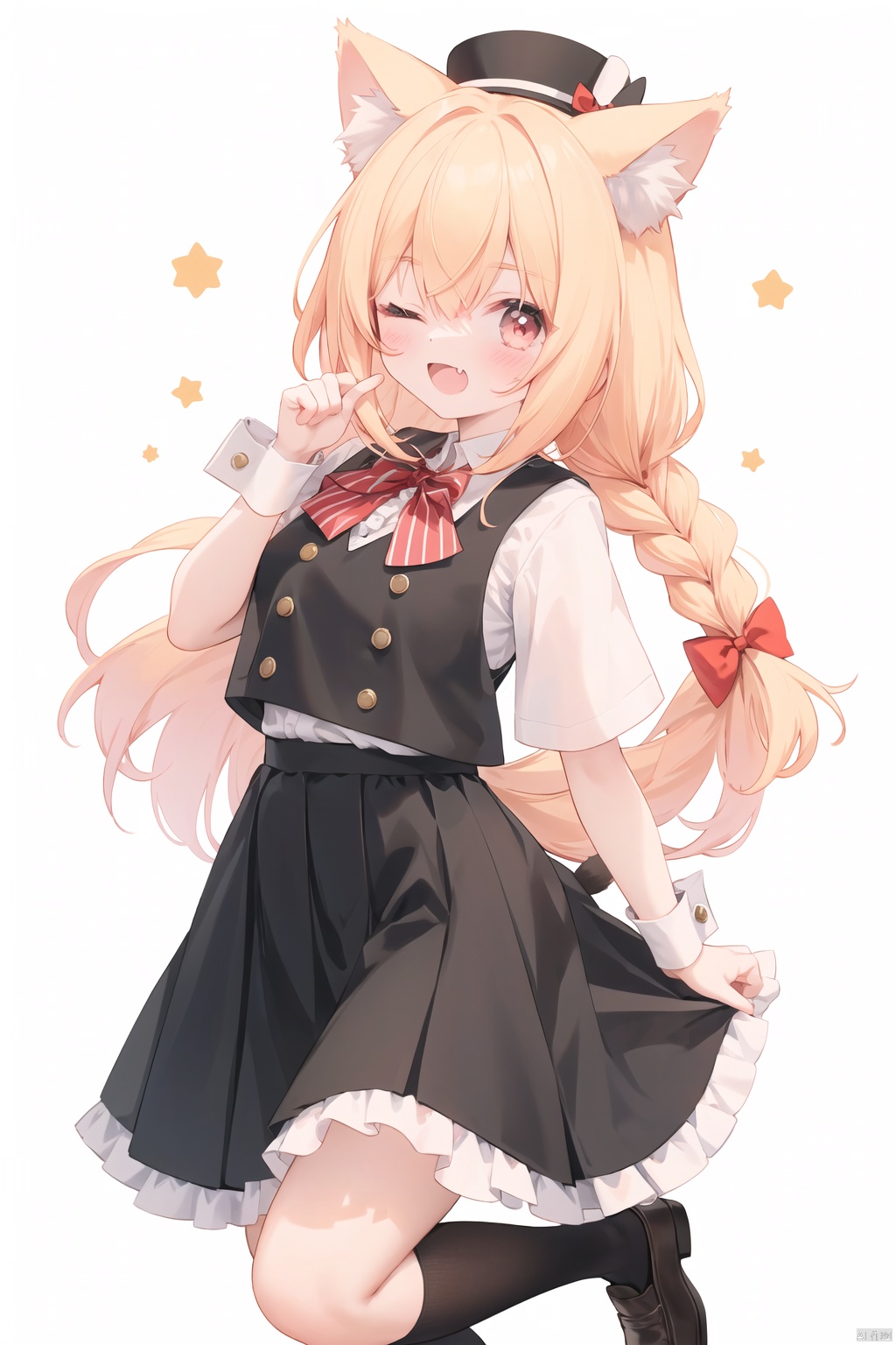 1girl, animal ears, cat ears, hat, one eye closed, cat tail, blonde hair, open mouth, food, braid, smile, cake, white background, short sleeves, cat girl, bow, solo, skirt, holding, ;d, black legwear, black headwear, plate, shoes, fang, bag, puffy sleeves, wrist cuffs, top hat, blush, long hair, vest, black footwear, mini hat, looking at viewer, puffy short sleeves, shirt, holding plate, animal ear fluff, black skirt, white shirt, standing, standing on one leg, simple background, red bow, star \(symbol\), frills, sparkle, striped, black vest, tilted headwear, striped bow, frilled skirt, socks, bangs, kneehighs, single braid, mini top hat, shoulder bag, red eyes, twin braids, blush stickers, cake slice, leg up, bowtie, loafers, eyebrows visible through hair,  watch, ribbon