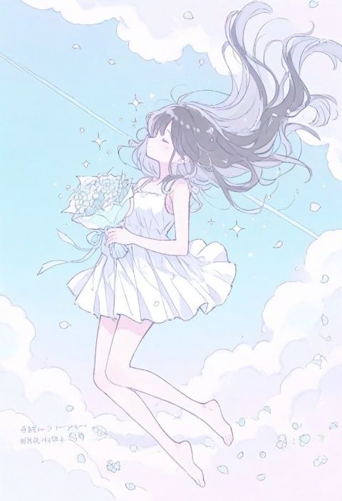 1girl,barefoot,black hair,bouquet,closed eyes,cloud,commentary request,dress,english commentary,falling,flower,flower wrapper,holding,holding bouquet,long hair,mixed-language commentary,original,petals,pleated dress,sky,solo,white dress,sparkle,sparkling aura,pastel colors