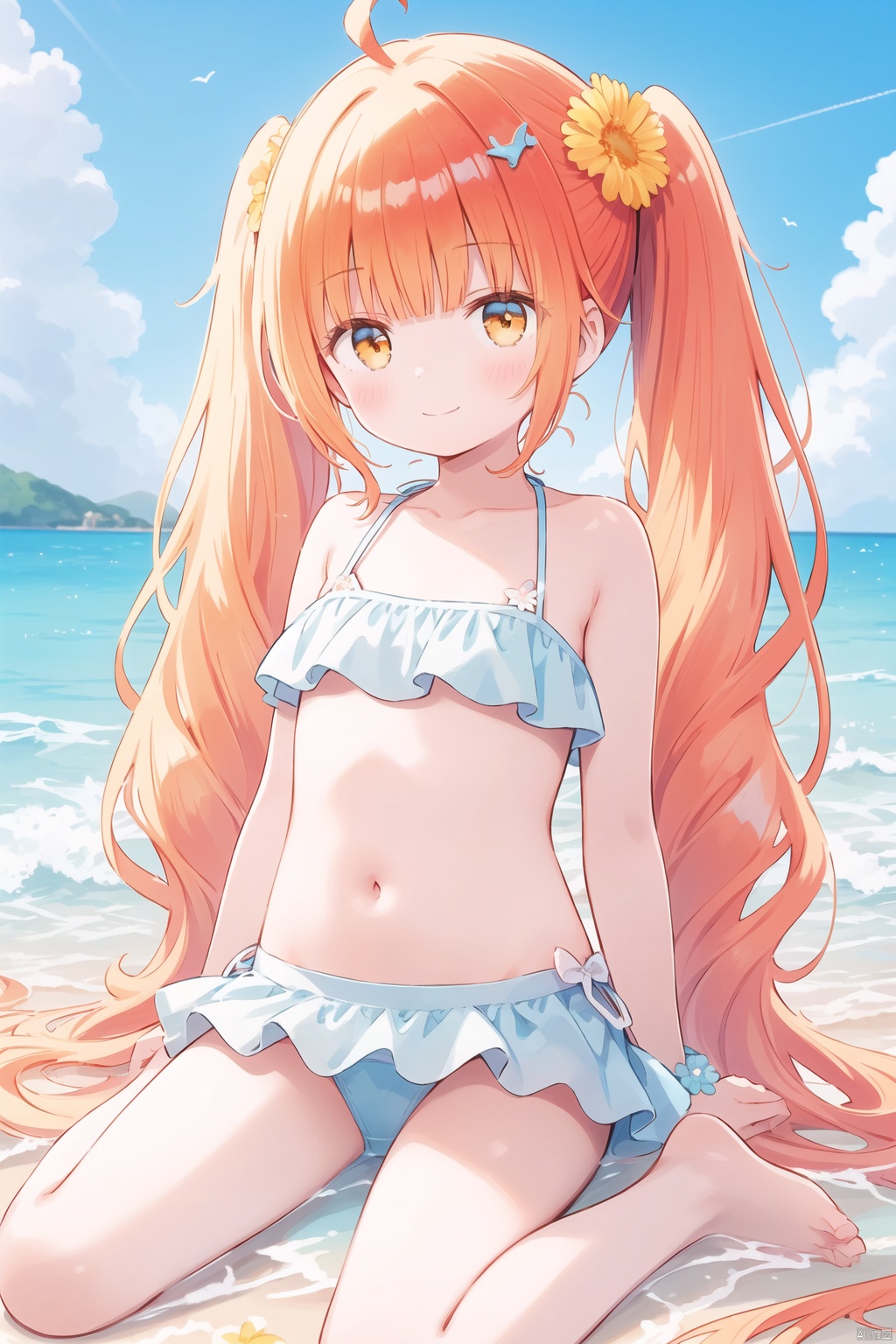  yellow mix cyan, swimsuit, bikini, long hair, flower, ahoge, navel, hair ornament, blonde hair, sitting, hair flower, blush, looking at viewer, strap slip, beach, bangs, sky, yellow bikini, wariza, multiple girls, day, outdoors, water, twintails, low twintails, 3girls, red hair, cloud, bare shoulders, blue sky, very long hair, 1girl, bird, barefoot, orange eyes, collarbone, smile, closed mouth, yellow eyes, hand up, red flower, ocean, bare arms