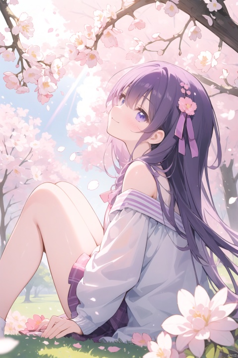  ((masterpiece, best quality)),girl, solo, looking at viewer, blush, smile, 1girl,[sitting under the sakura tree,knee up], (from below,wide shot,mid shot,full body,panorama,depth of field),(looking up),(pink petals,tyndall effect,English text)
（（game cg style））,(masterpiece),(best quality),illustration,ultra detailed,hdr,Depth of field,(colorful)nes, purple theme, watercolor \(medium\)