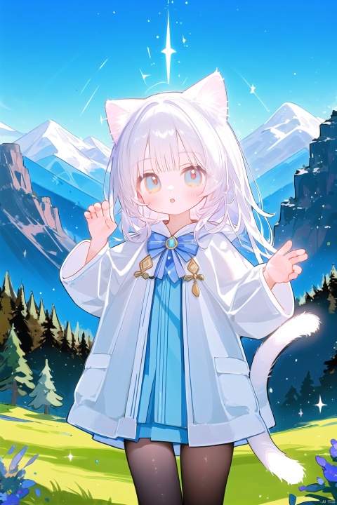  (a magical cat girl in wizard attire amidst majestic mountains:1.2), a breathtaking scene unfolds as a white-haired cat girl, adorned in a mesmerizing wizard's outfit, finds herself amidst towering mountains, (a mystical realm of nature's beauty:1.2), where the mountains stand tall and proud, veiled in an aura of enchantment and wonder, (elegant robes blending with the landscape:1.1), her flowing wizard robes harmonizing with the earthy tones of the mountains, (whimsical cat ears and tail contrasting with the grandeur:1.1), her playful feline features adding a touch of charm to the majestic scenery, (sparkling magical artifacts resonating with nature:1.1), her staff emitting a soft glow that resonates with the energy of the mountains, (wise and serene expression amidst the grandeur:1.1), her eyes reflecting a deep connection with the natural world, (dynamic pose embracing the mountain's power:1.1), capturing the cat girl's grace and harmony as she harnesses the magic of the mountains, inviting viewers to embark on a mystical journey through nature's realm, creating a moment of awe and reverence.the background is evenly lit, without any harsh shadows or glare, white pantyhose