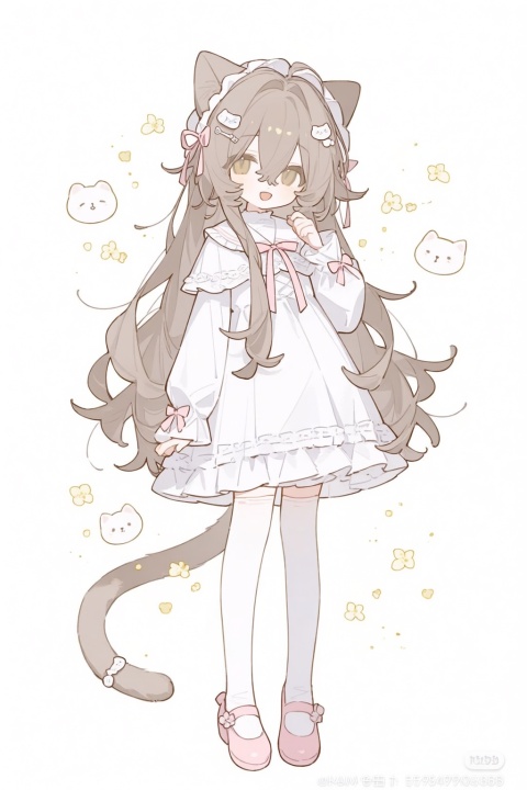 1girl,:d,animal_ears,blush,bow,bowtie,brown_eyes,brown_hair,capelet,cat_ears,cat_girl,cowboy_shot,dot_nose,dress,fang,frilled_capelet,frilled_dress,frills,hair_between_eyes,hair_ornament,heterochromia,long_hair,long_sleeves,open_mouth,pink_bow,pink_bowtie,smile,snowflakes,solo,twitter_username,white_capelet,white_dress,x_hair_ornament,yellow_eyes,highres