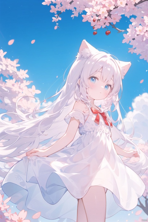  The image features a beautiful anime girl dressed in a flowing white and red dress, standing amidst a flurry of red cherry blossoms. The contrast between her white dress and the red flowers creates a striking visual effect. The lighting in the image is well-balanced, casting a warm glow on the girl and the surrounding flowers. The colors are vibrant and vivid, with the red cherry blossoms standing out against the white sky. The overall style of the image is dreamy and romantic, perfect for a piece of anime artwork. The quality of the image is excellent, with clear details and sharp focus. The girl's dress and the flowers are well-defined, and the background is evenly lit, without any harsh shadows or glare. From a technical standpoint, the image is well-composed, with the girl standing in the center of the frame, surrounded by the blossoms. The use of negative space in the background helps to draw the viewer's attention to the girl and the flowers. The cherry blossoms, often associated with transience and beauty, further reinforce this theme. The girl, lost in her thoughts, seems to be contemplating the fleeting nature of beauty and the passage of time. Overall, this is an impressive image that showcases the photographer's skill in capturing the essence of a scene, as well as their ability to create a compelling narrative through their art.catgirl,loli,catgirl,white hair,blue eyes,
