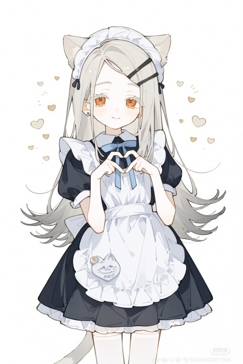 1girl,solo,shinosawa hiro,animal ears,apron,cat girl,cat tail,blue bowtie,stud earrings,bow,black dress,short sleeves,smile,maid apron,jewelry,bowtie,tail,highres,heart hands,puffy sleeves,cat ears,blue bow,kemonomimi mode,heart,puffy short sleeves,closed mouth,absurdres,commentary,brown eyes,grey hair,dress,four-finger heart hands,looking at viewer,maid,long hair,earrings