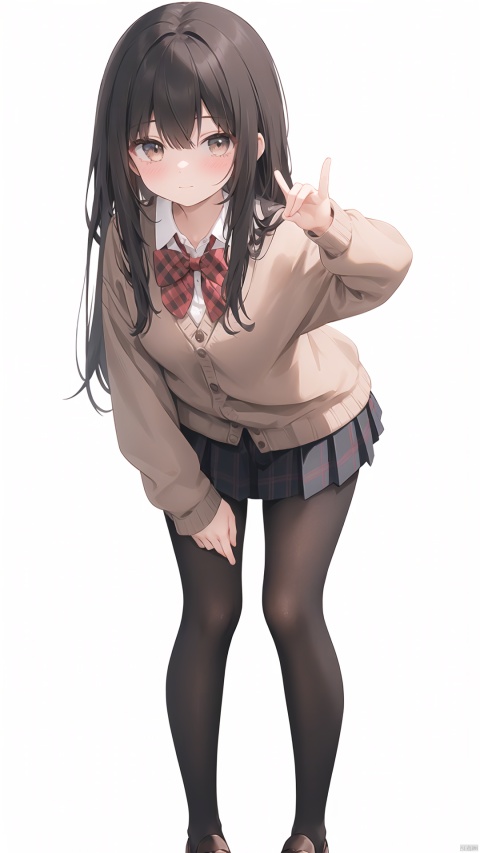  1girl, solo, pantyhose, skirt, long hair, loafers, shoes, simple background, school uniform, brown eyes, plaid, black pantyhose, plaid skirt, looking at viewer, black hair, pantyhose pull, full body, clothes pull, black footwear, pleated skirt, leaning forward, bangs, long sleeves, bent over, cardigan, bow, bowtie, standing, closed mouth, pulled by self, grey background, blush, miniskirt, red bow, sweater, undressing, backlight, panties under pantyhose, fox shadow puppet