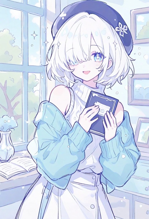 1girl,:d,bare shoulders,benghuai xueyuan,beret,blue eyes,blue jacket,blue sky,box,cabinet,hair over one eye,hat,holding,holding box,honkai \(series\),indoors,jacket,long sleeves,looking at viewer,notebook,official art,open mouth,pen,picture frame,short hair,silver \(benghuai xueyuan\),skirt,sky,smile,solo,sweater,table,tree,vase,white hair,white skirt,white sweater,window,sparkle,sparkling aura,pastel colors