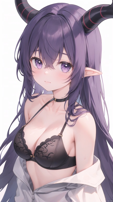  1girl, solo, impasto, oil painting, best quality, white background, simple background, upper body, looking at viewer, finger to mouth, pointy ears, horns, purple eyes, hair between eyes, long hair, black hair, purple hair, bangs, medium breasts, cleavage, collarbone, black bra, underwear only, bare shoulders, bare arms